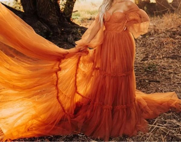 Orangefarbene A-Linie-Abschlussballkleider aus Tüll mit Puffärmeln für schwangere Frauen, sexy, schulterfrei, Abendparty-Kleider, formelle Kleidung für Schwangere, Plus-Size-Fotoshooting CL0328