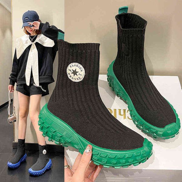 

women's shoes 2022 autumn new casual durian bottom knitted socks boots elastic short thick soled martin 0712, Black