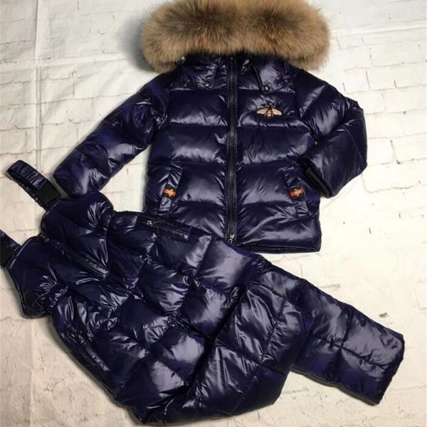 Echte Waschbärpelz Winterjacke Kind Anzug Jacke Hose Twinset Junge Mädchen Skianzüge Kinder Daunenjacke Oberbekleidung Parka LJ201125