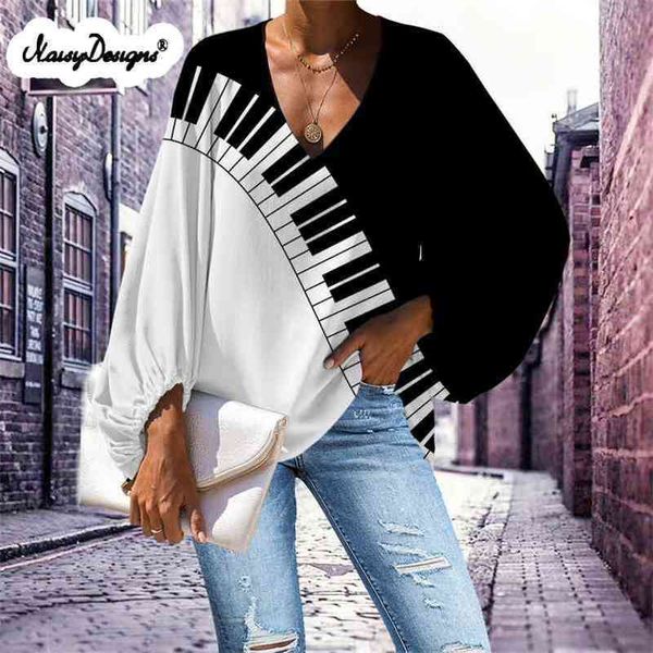 NoisyDesigns Lady Blough Size Blouse Musical Notes печати женские блузки повседневная свободная рубашка с длинным рукавом VNECK Drop 210401