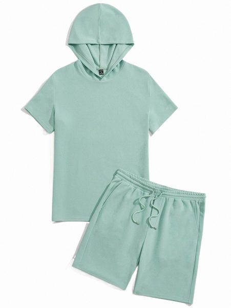 

men solid hooded tee & track shorts set 12mp#, Gray