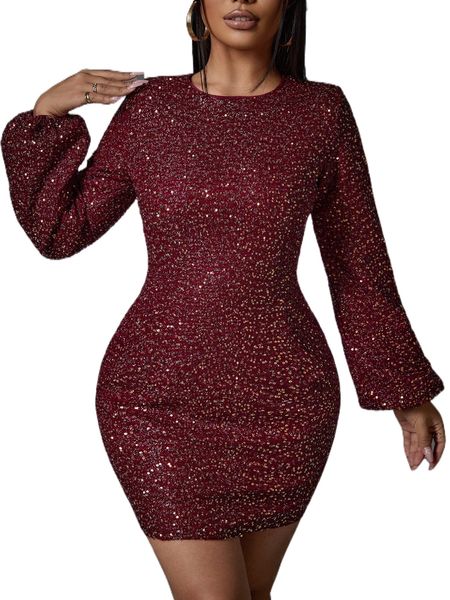 

keyhole back lantern sleeve sequin dress k1y6#, Black;gray