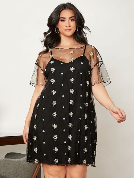 

plus floral embroidered drop shoulder mesh dress with lined l62m#, Black