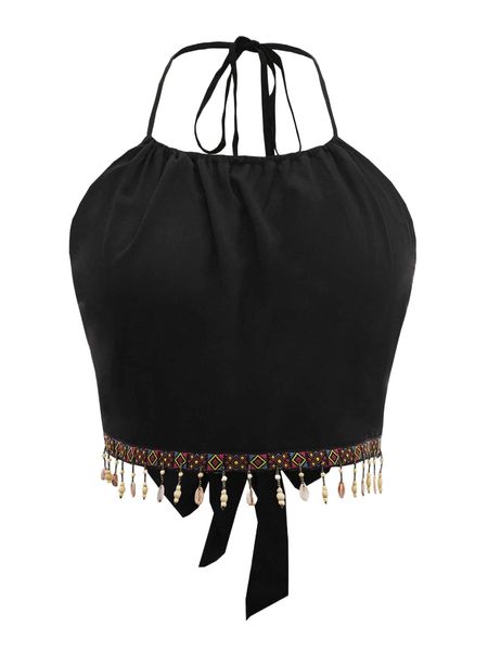 

plus fringe hem taped halter a1bw#, Black