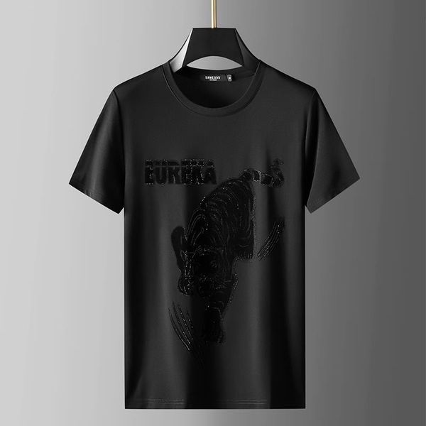 

european highend mens short sleeve flocking tiger head diamond tshirt mens summer trend half sleeve men220622, White;black