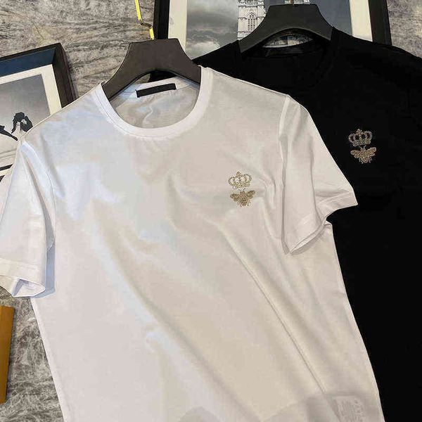 

hong kong fashion brand short sleeved t-shirt men's little bee diamond summer trend ins large half shirt, White;black