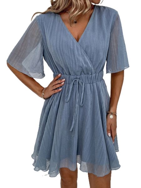 

solid surplice neck fake drawstring dress t6bj#, Black;gray