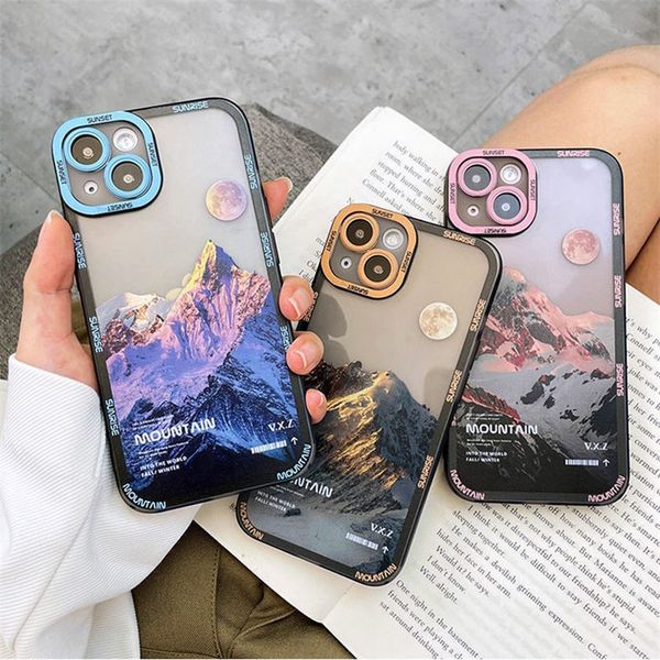 Moda Tasarımcısı Retro Sunset Bulutları İPhone 14 13 Pro 11 için Kar Dağ Kılıfları 12 PRO MAX XR XS MAX 7 8 Plus X lens Koruma Şok geçirmez yumuşak kapak