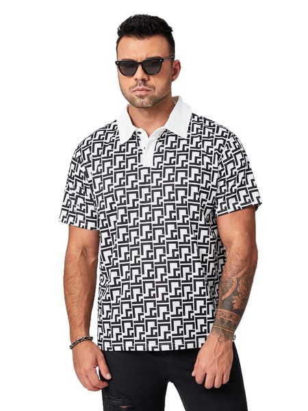 

extended sizes men allover geo print contrast collar polo shirt t3wq#, White;black