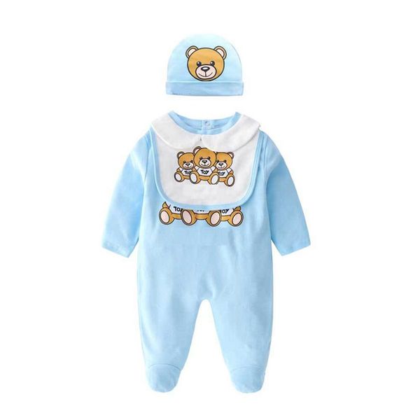 

summer fashion born baby clothes short-sleeved cotton cute cartoon little bear born baby boy girl romper and hat bibs set 220525242z, Blue