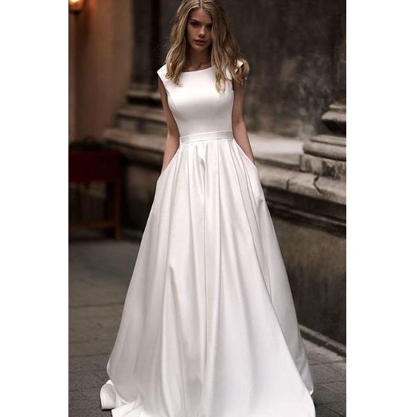 

famous design satin wedding dress with pocket scoop cutout side open back bridal dress pocket vestido longo de festa, White