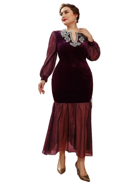 

plus notched neckline appliques ruffle hem velvet dress a2i6#, Black