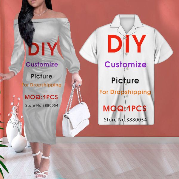 

noisydesigns custom 2 pcs women one off shoulder dress long sleeve and men shirt party couple clothing sets dropship 220608, Black