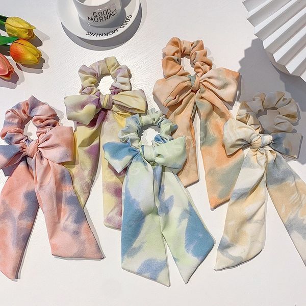 

fashion ribbon bowknot scrunchies elastic hair bands tie-dye print headwear for women hair accessories ponytail holder, Slivery;white