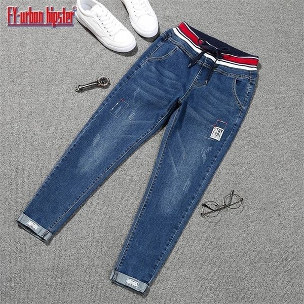 Plus größe 5XL Spitze up Stretch-jeans frau patch manschette denim harem hosen elastische Mode frauen Hohe taille bleistift mujer 220402