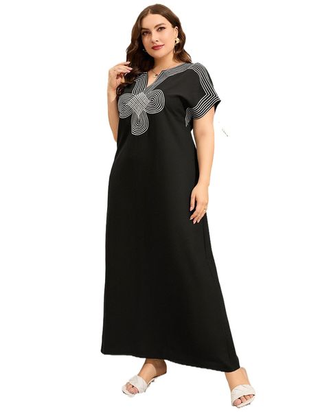 

plus geo print notched neck dress x4of#, Black