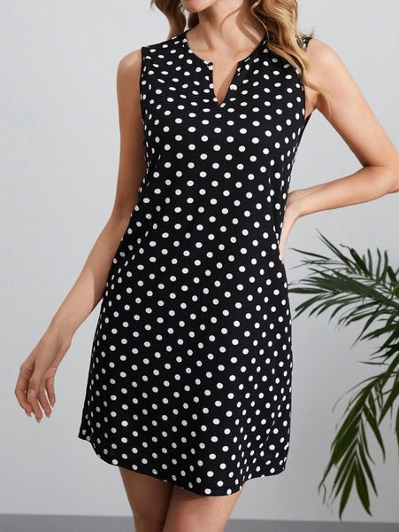 

polka dot notch neck tunic dress x1yh#, Black;gray
