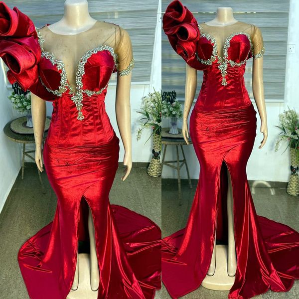 

2022 plus size arabic aso ebi red mermaid velvet prom dresses lace evening formal party second reception birthday engagement gowns dress zj2, Black