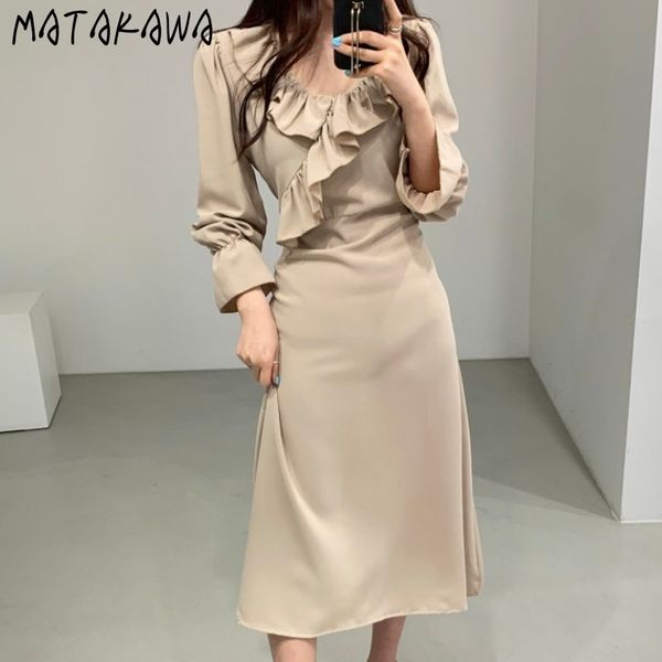 

solid color flared sleeve women dress korean gentle thin vneck midi dresses ruffled slim waist vestido compridos 210506, Black;gray