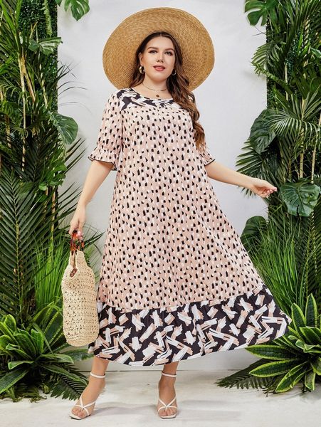 

plus random brush print flounce sleeve ruffle hem dress h133#, Black
