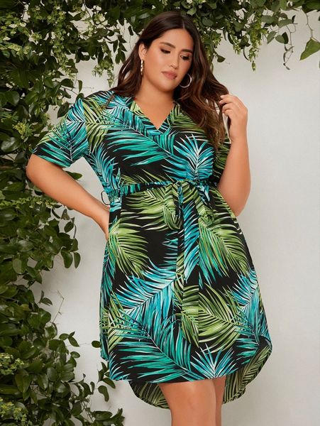 

plus tropical print curved hem belted dress s5oc#, Black