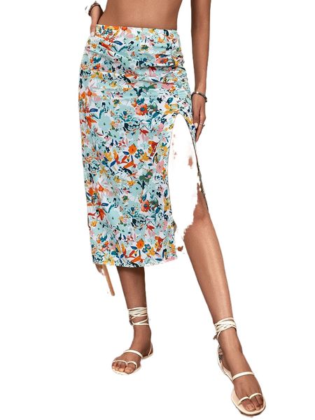 

allover floral print ruched split thigh skirt s1is#, Black