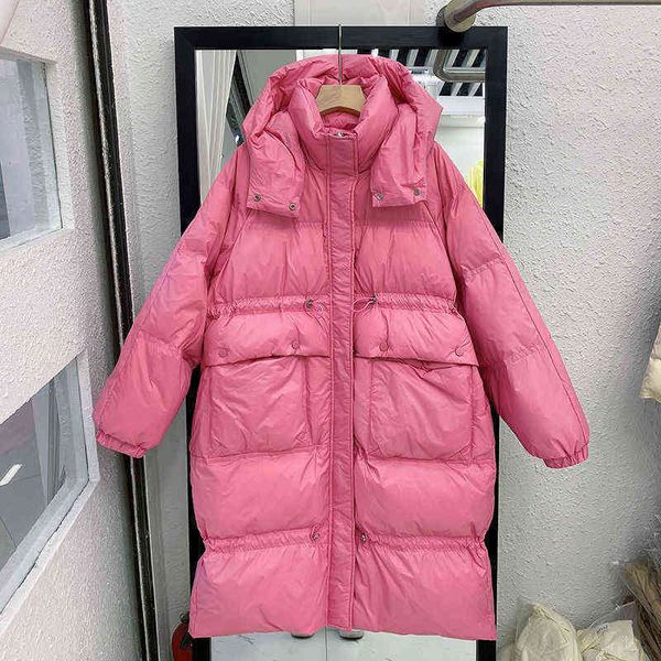 

winter warm jacket women casual hood long sleeve adjustable waist front pocket stand collar loose coat outerwear parkas 211118, Black