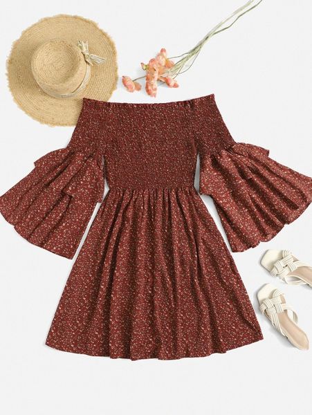 

plus ditsy floral shirred bodice bardot dress t8az#, Black