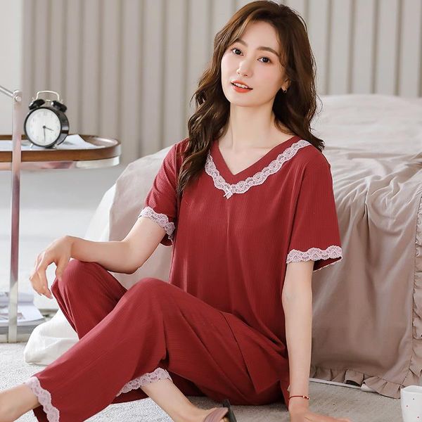 

women two-piece pyjama sleepwear summer short sleeve long pants sweet simple homewear modal pajamas set, Black;red