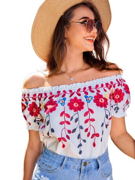 

floral print frilled off shoulder puff sleeve blouse c4h1#, White