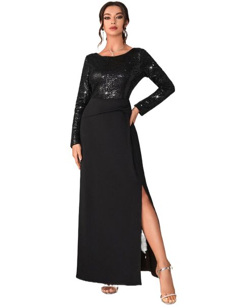 

contrast sequin split hem prom dress b20o#, Black;gray