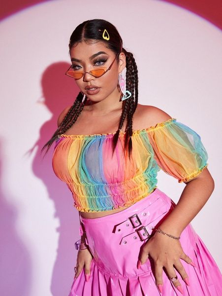 

plus off shoulder ombre mesh n0rx#, Black