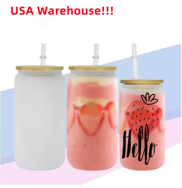 Local Warehouse 12oz 16oz Sublimation Glass Can Bicchieri di vetro Lattina di birra Bicchiere Bicchiere Bicchieri con coperchio in bambù e cannuccia riutilizzabile Stock USA