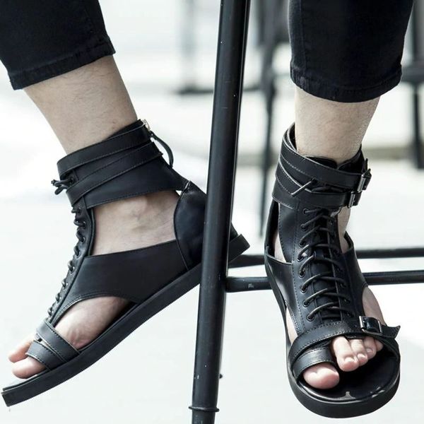 

sandals men shoes pu solid color fashion casual summer street beach personality toe ring lace-up bag ankle buckle sandals cp002, Black