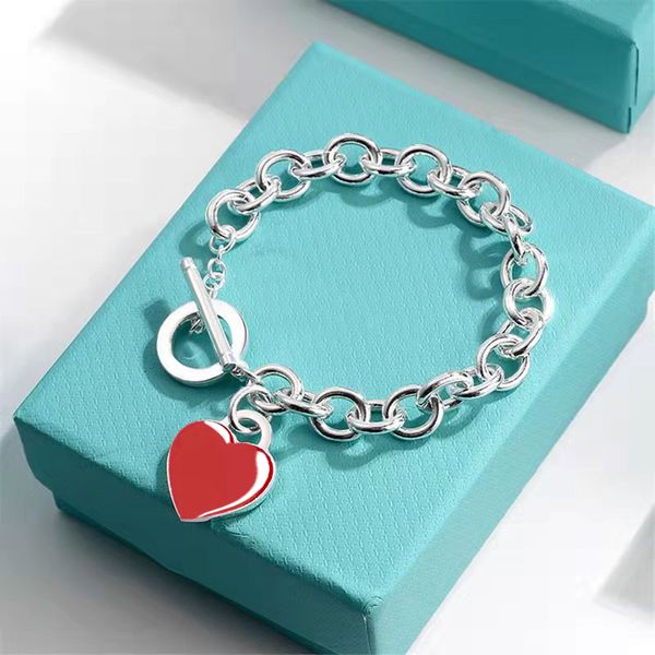 

2022 brand original jewelry cuff designer ot buckle full red enamel heart pendant women's fashion simple high-end thick chain bracelet, White