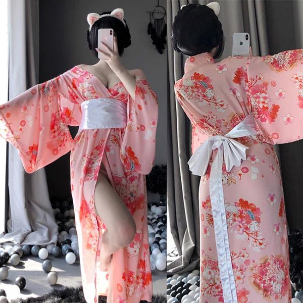 Etnik Giyim Seksi Geisha Kimono Kadınlar İçin Japon Moda Gevşek İpek Yukata Elbise Bandage Vintage Zarif Şifon Sakura Batonlu