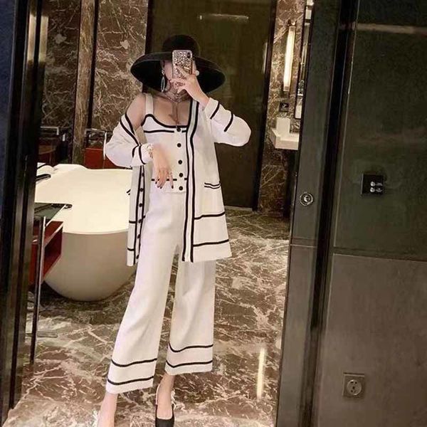 

european station royal sister suit women s small fragrant wind knitted cardigan three piece wide leg pants 220718, White