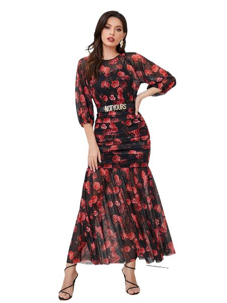 

floral print ruched mesh dress without belt j10r#, Black;gray