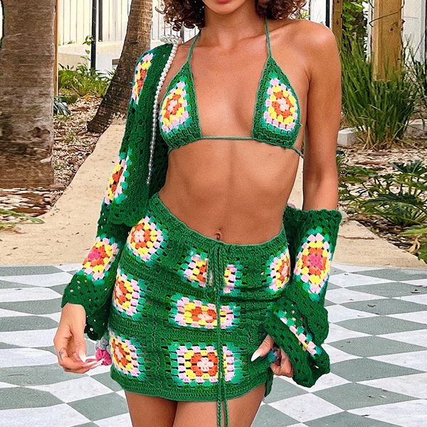 

two piece dress flower crochet knitted beach vacation summer womens outfit green matching skirt set, White