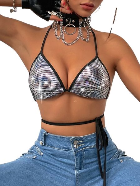 

crisscross tie backless metallic halter v53i#, White