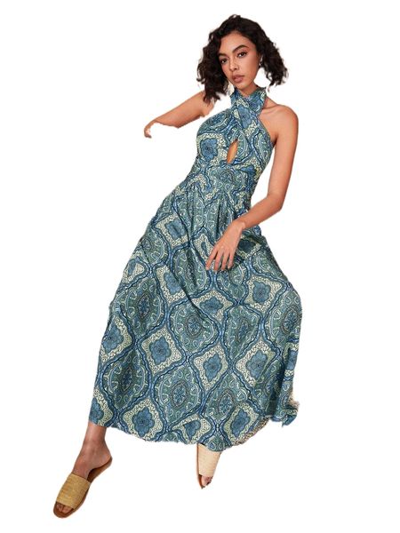 

all over print criss cross halter dress h1ee#, Black;gray