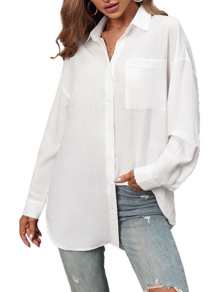 

solid pocket patched drop shoulder shirt x6ex#, White