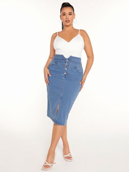 

sxy plus notched waist button fly slit denim skirt 46h6#, Black