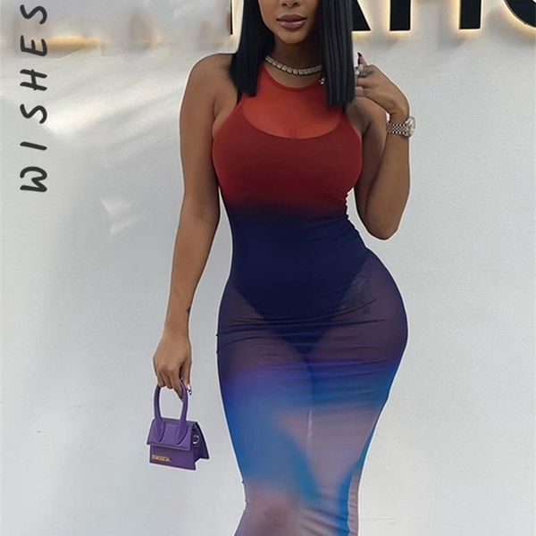 

tie dye print see through midi dress women o neck sleeveless night club vestidos 2022 summer prom fairy grunge clothes 220507, Black;gray