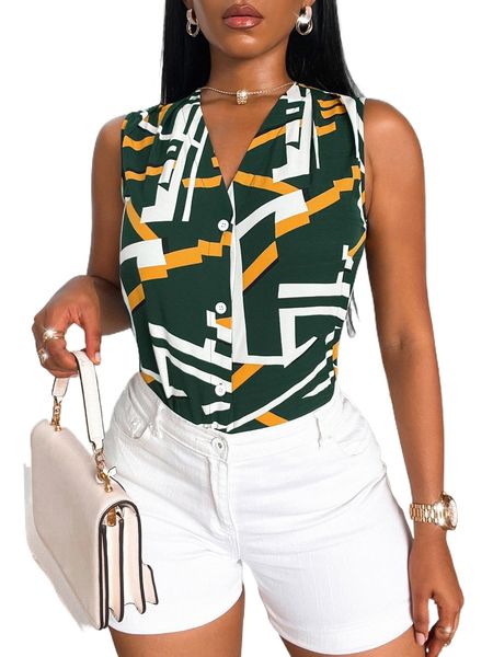 

geo print button through blouse p0gx#, White