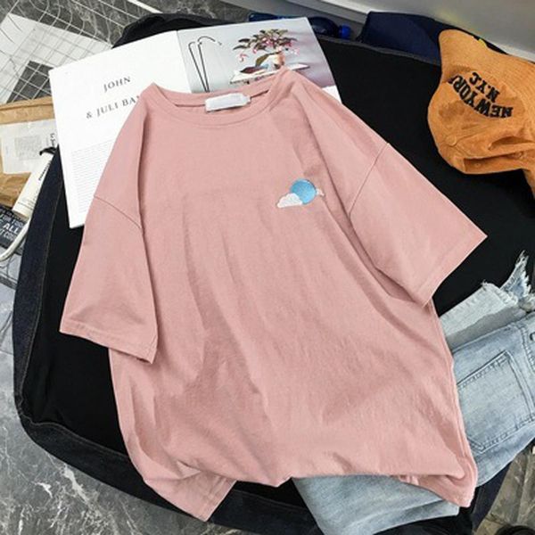 

women embroidery moon cloud weather t shirts print t-shirts casual o-neck short sleeve loose tee wdc709, White