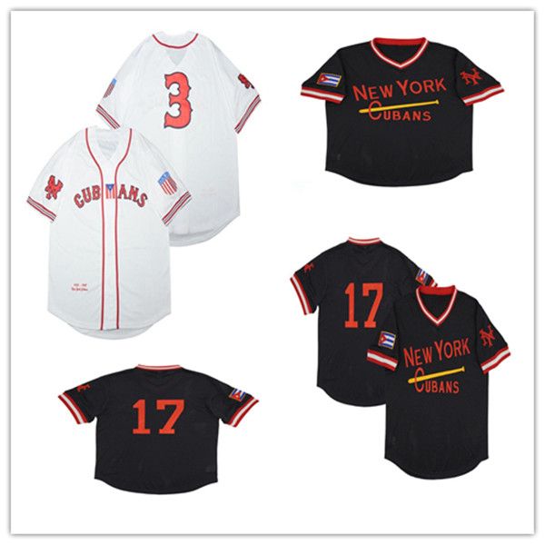 

men's newyork ny cubans #17 #3 button-down black white mesh retro baseball jersey stitched, Blue;black
