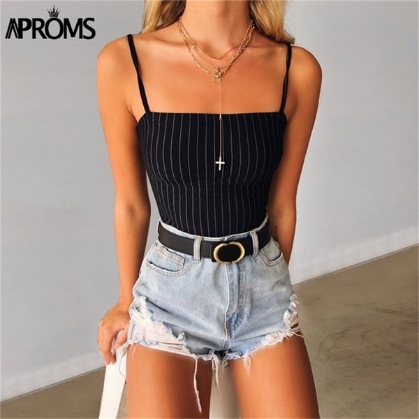 

aproms low back spaghetti straps bodycon bodysuit 2020 women fashion stripe print slash neck sim fit body romper female lj200814, Black;white