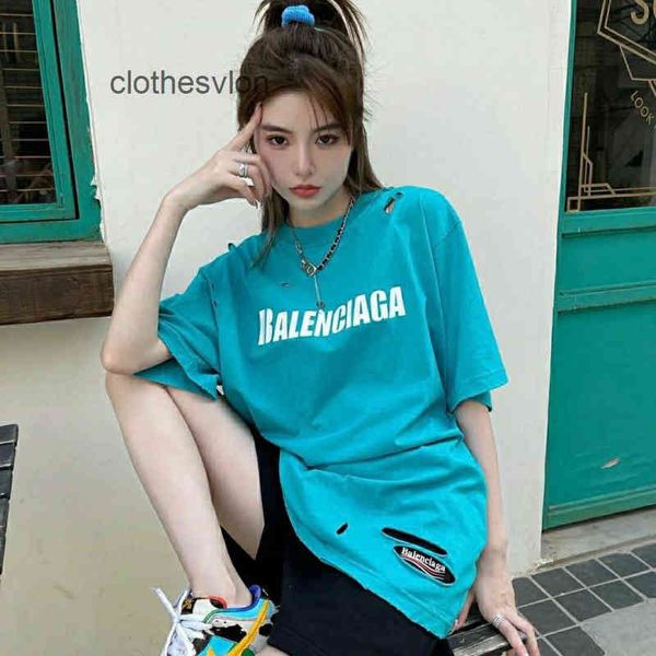 

european and american hoodie 2022 sweaters balencaigas's men's [original standard] crack letter print short sleeve street loose ol, White;black