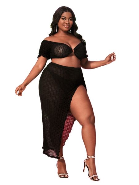 

plus off shoulder o-ring crop mesh & wrap tie side skirt x9a1#, Black